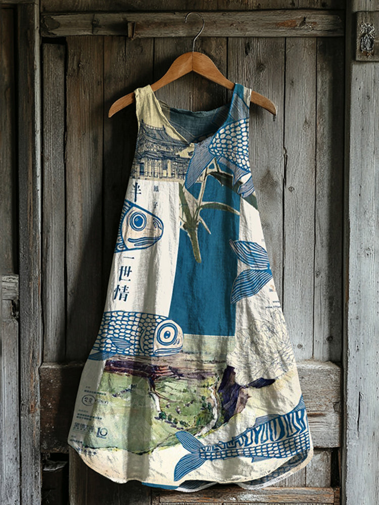 Vintage Japanese Fish Patchwork Art Linen Tank Dress