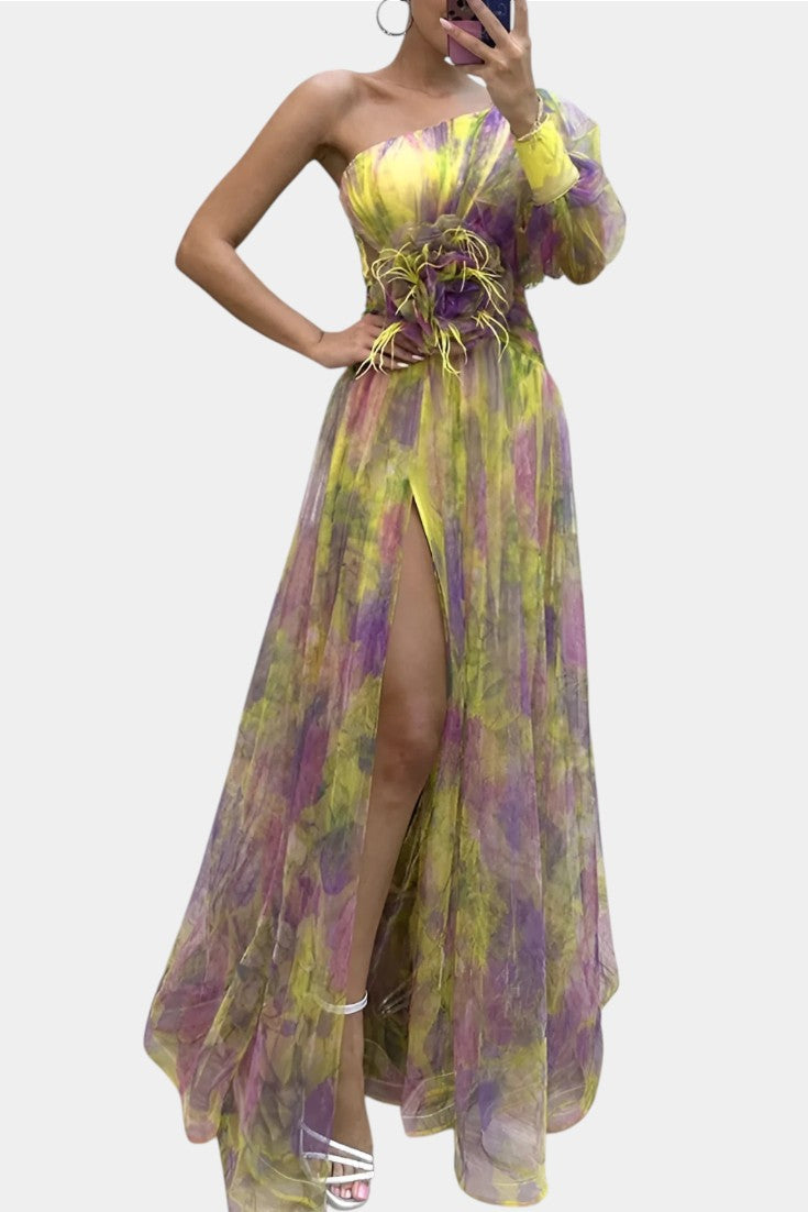 Amelie Asymmetrical One-Shoulder Maxi Dress with Artistic Print