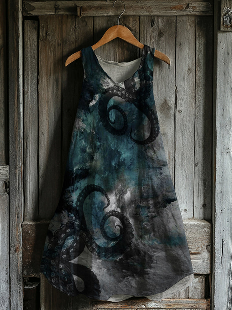 Japanese Octopus Gradient Art Linen Tank Dress
