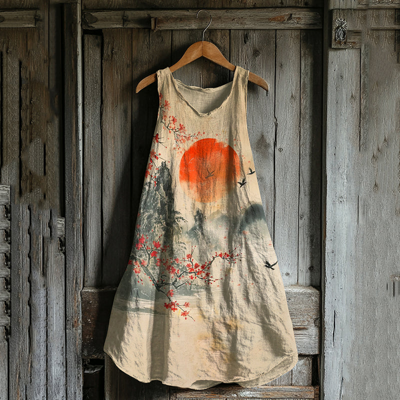 Vintage Art Of Japanese Landscape With Birds And Cherry Blossom Art Linen Tank Dress