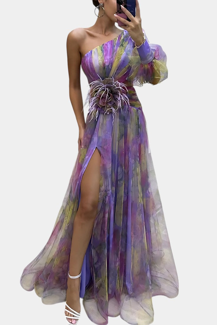 Amelie Asymmetrical One-Shoulder Maxi Dress with Artistic Print