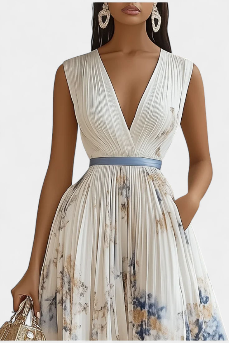Elise Sleeveless Midi Dress with Floral Print and Pleats