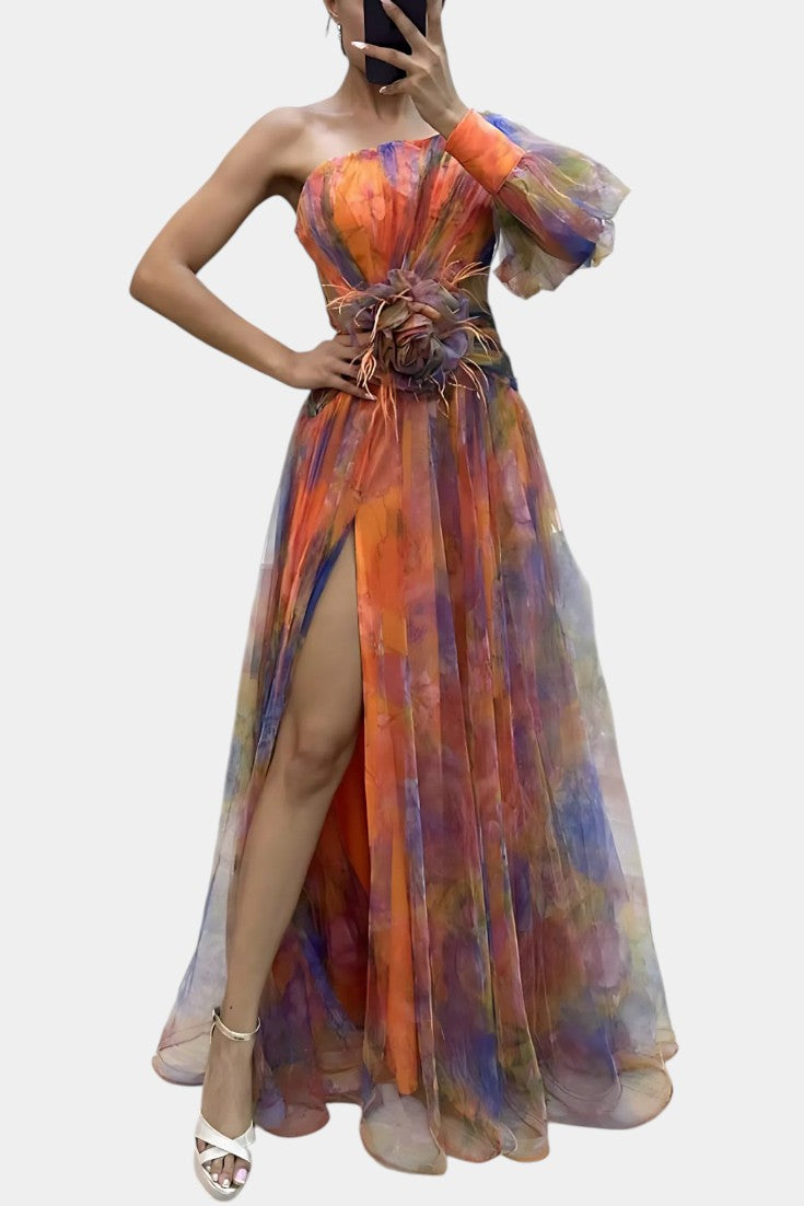 Amelie Asymmetrical One-Shoulder Maxi Dress with Artistic Print