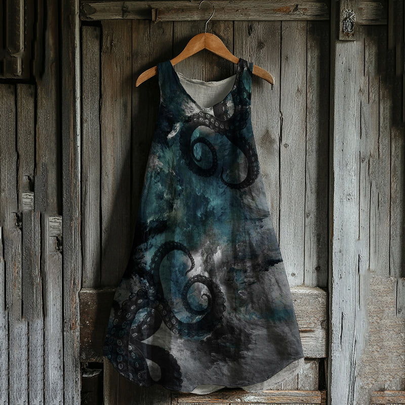 Japanese Octopus Gradient Art Linen Tank Dress