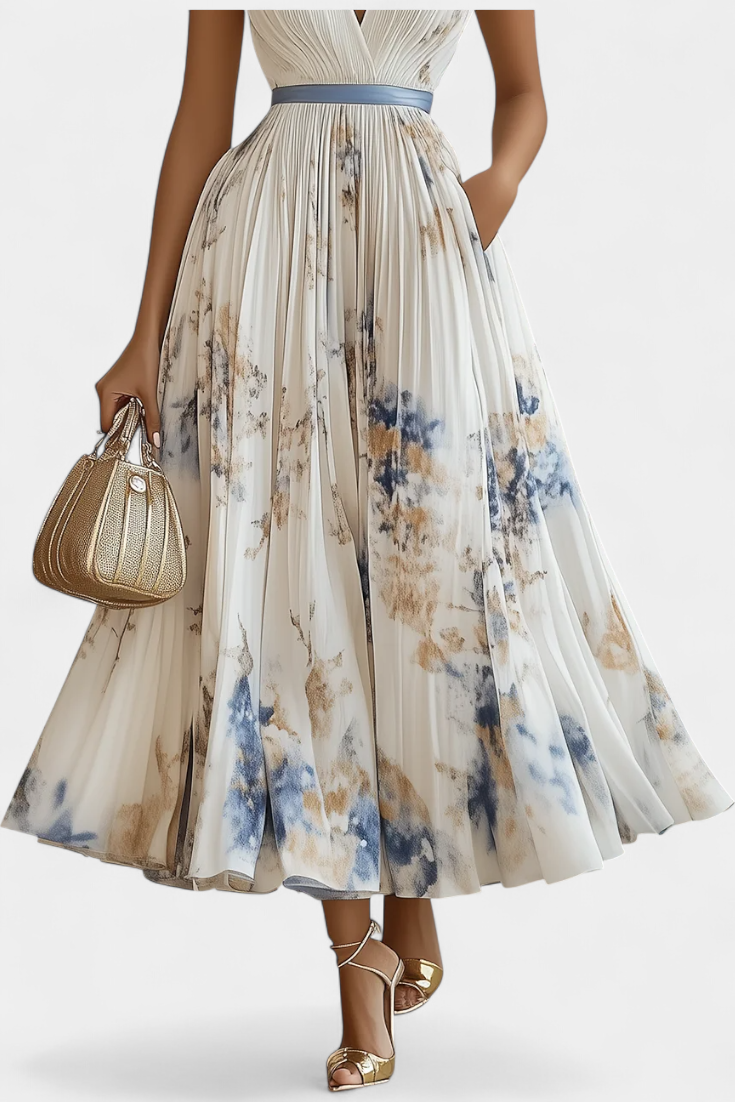 Elise Midi Dress Without Sleeves with Floral Print and Pleats