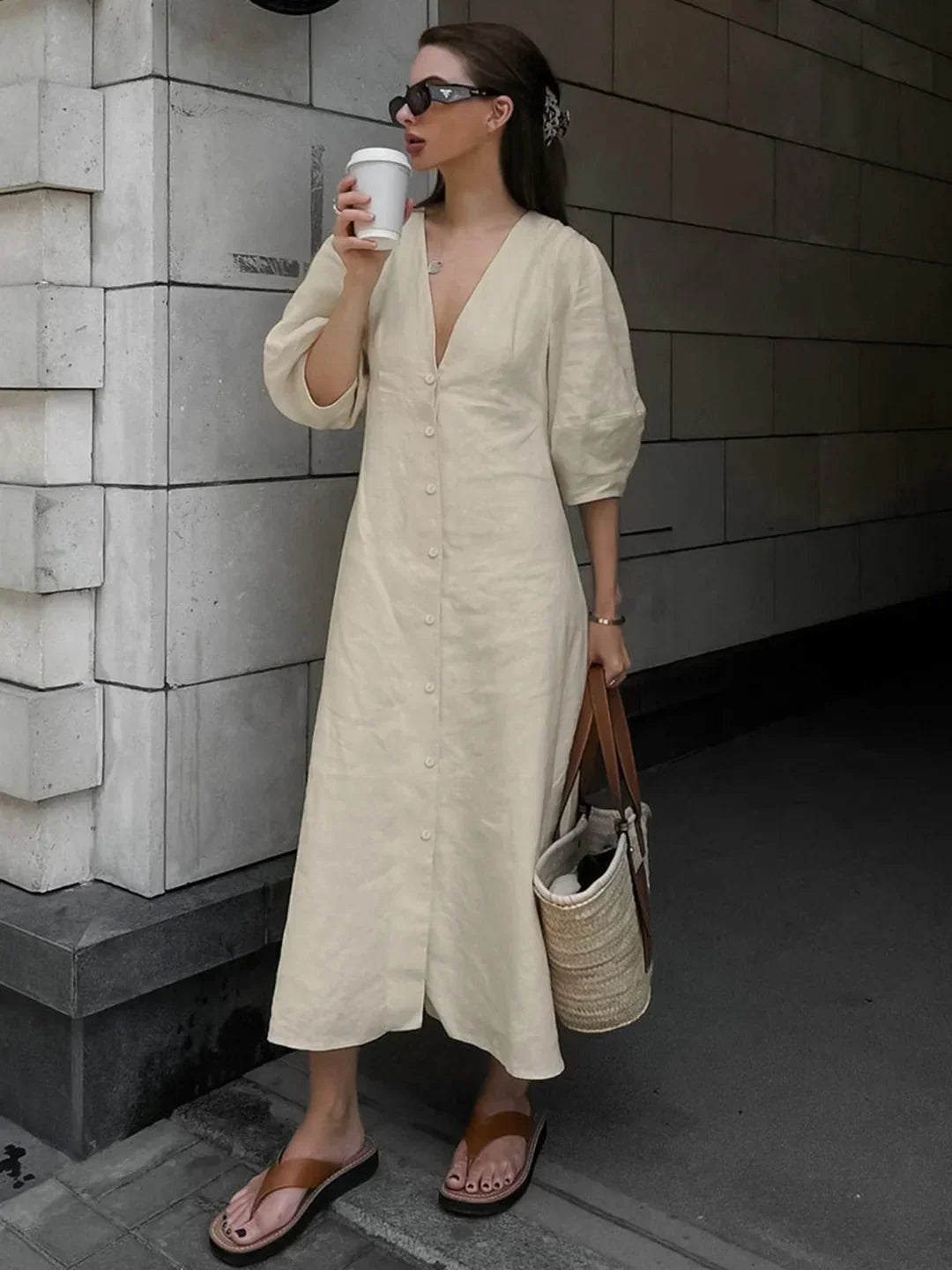 Margot® | Button-Front Knotted Long Dress