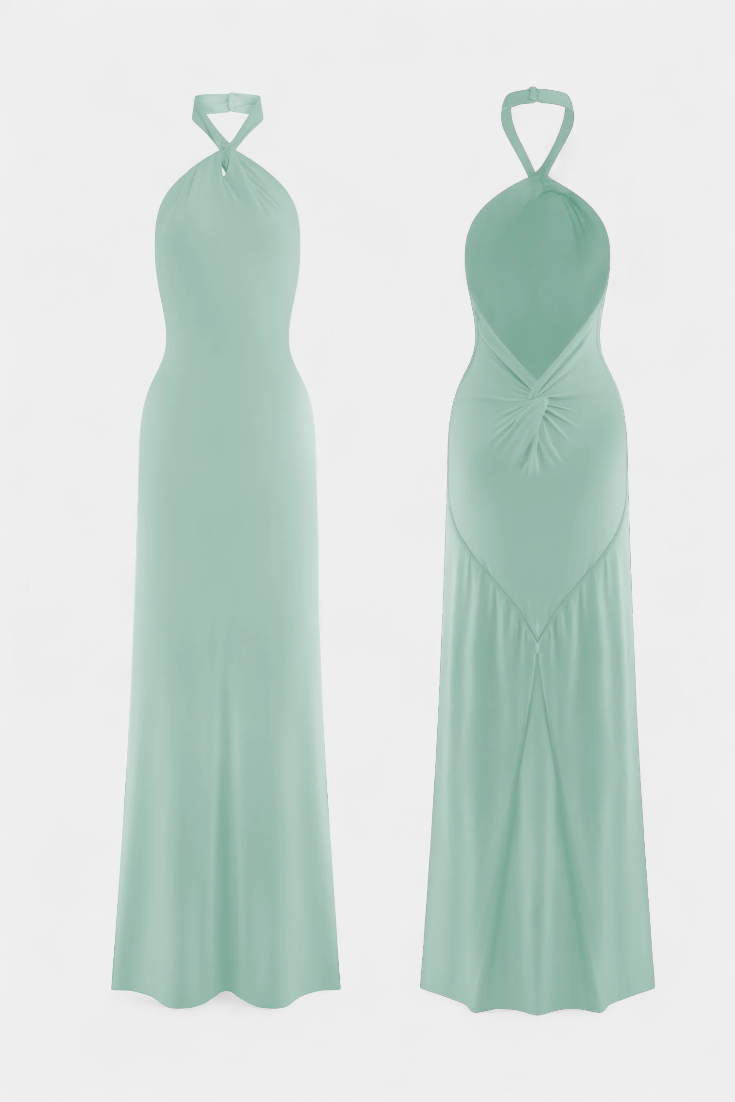 Trinity Fitted Halter Dress with Ruching and Open Back