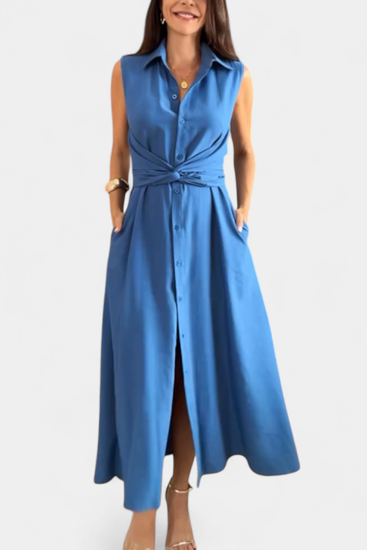 Meryl Button-Up Shirt Dress with Adjustable Bow