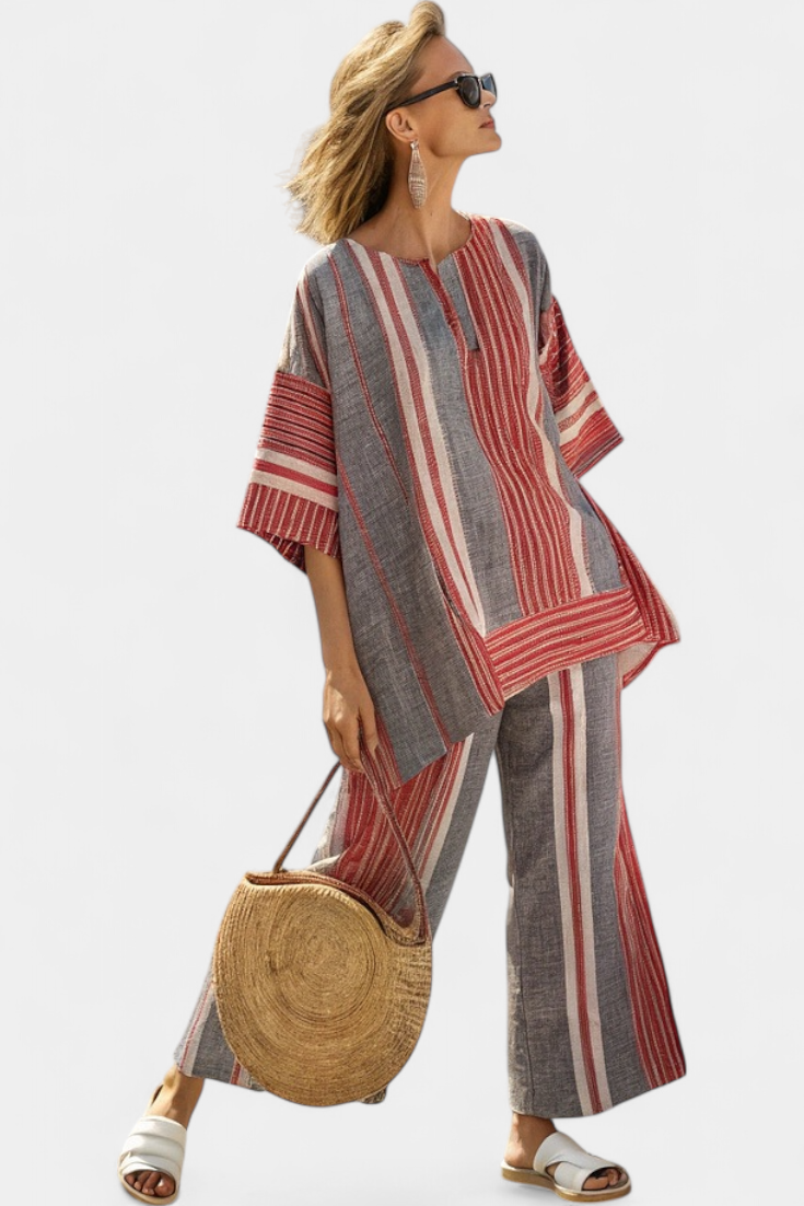 Complete Oversize Daisy in Linen with Coral and Gray Striped Skirt, Modern and Comfortable Style