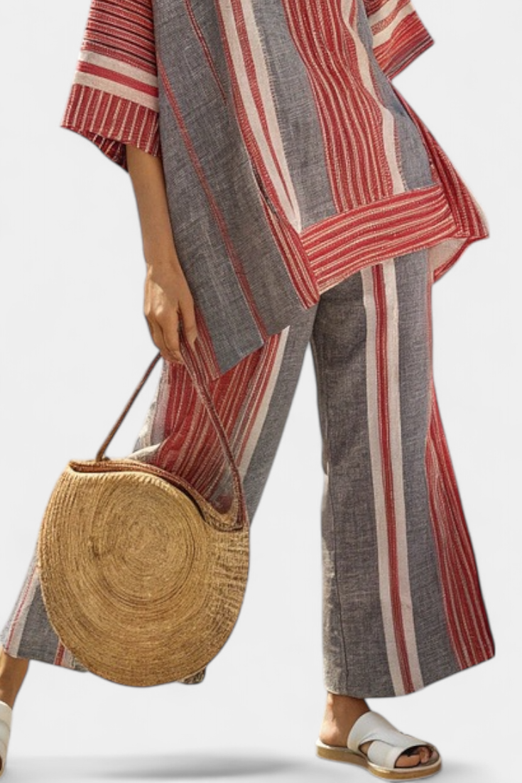 Complete Oversize Daisy in Linen with Coral and Gray Striped Skirt, Modern and Comfortable Style