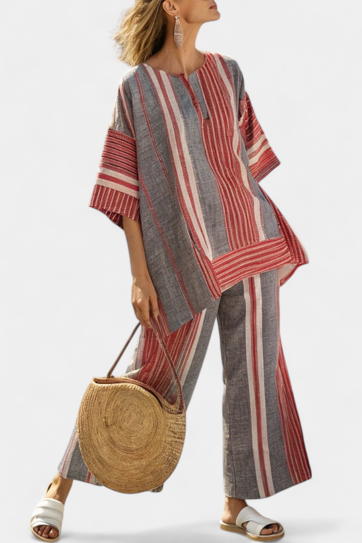Complete Oversize Daisy in Linen with Coral and Gray Striped Skirt, Modern and Comfortable Style