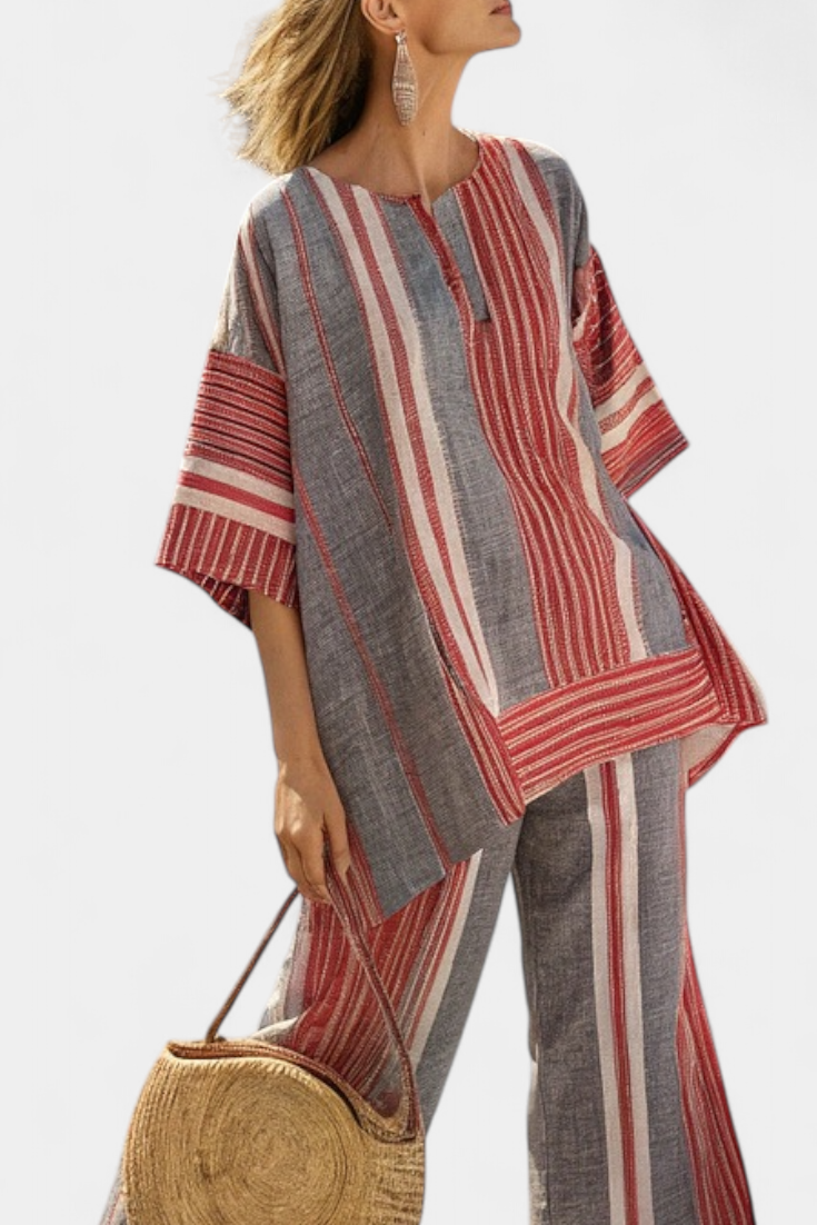 Complete Oversize Daisy in Linen with Coral and Gray Striped Skirt, Modern and Comfortable Style