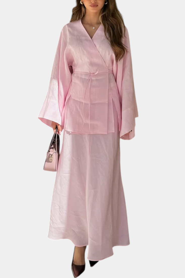 Zelda V-Neck Shirt and Slit Skirt Set