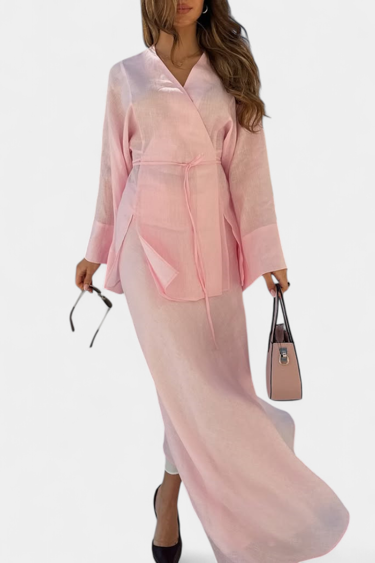 Zelda V-Neck Shirt and Slit Skirt Set