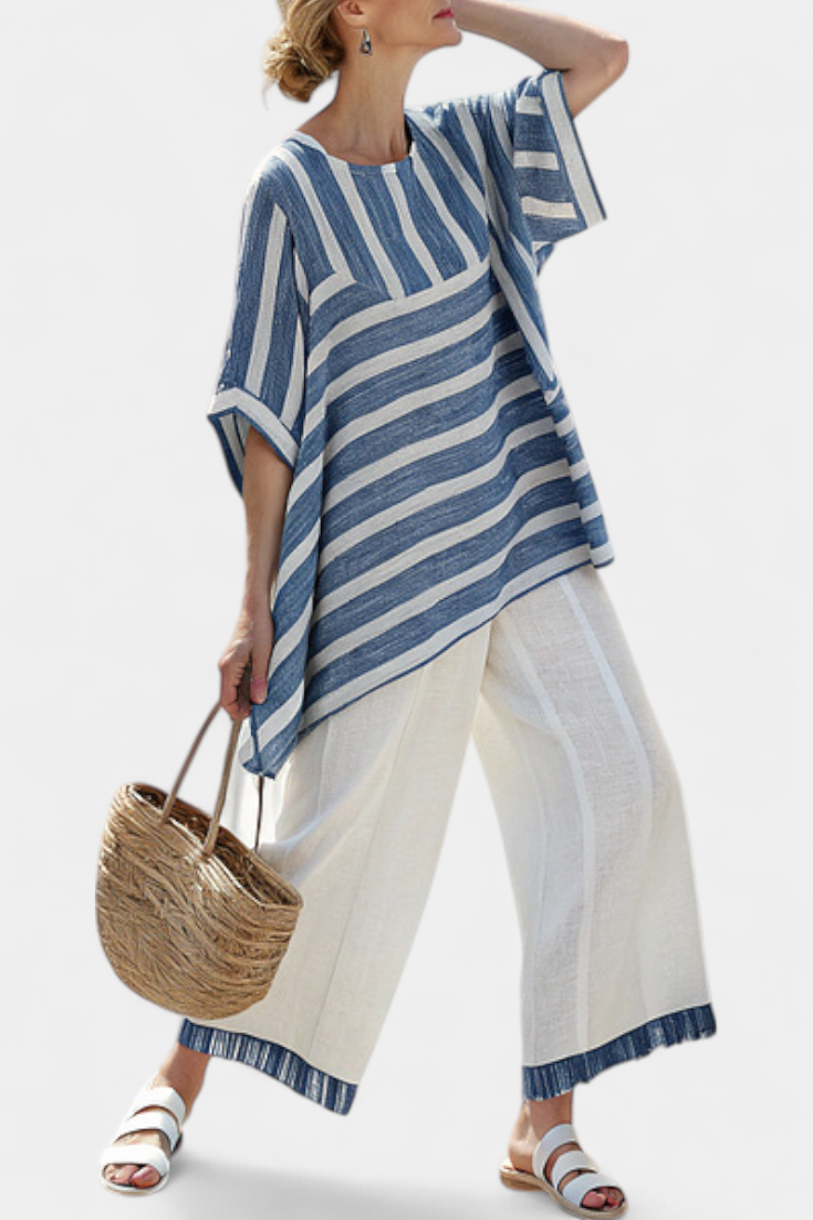 Elegant Mediterranean Linen Set with Blue Stripes and Hem-Finished Pants for a Fresh and Elegant Look