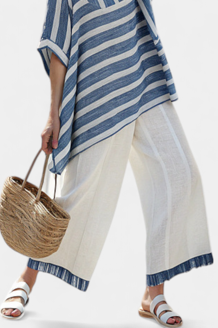 Elegant Mediterranean Linen Set with Blue Stripes and Hem-Finished Pants for a Fresh and Elegant Look
