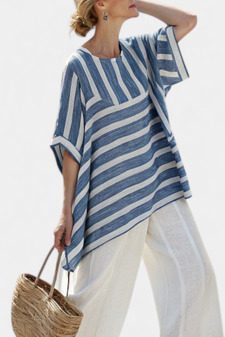 Elegant Mediterranean Linen Set with Blue Stripes and Hem-Finished Pants for a Fresh and Elegant Look