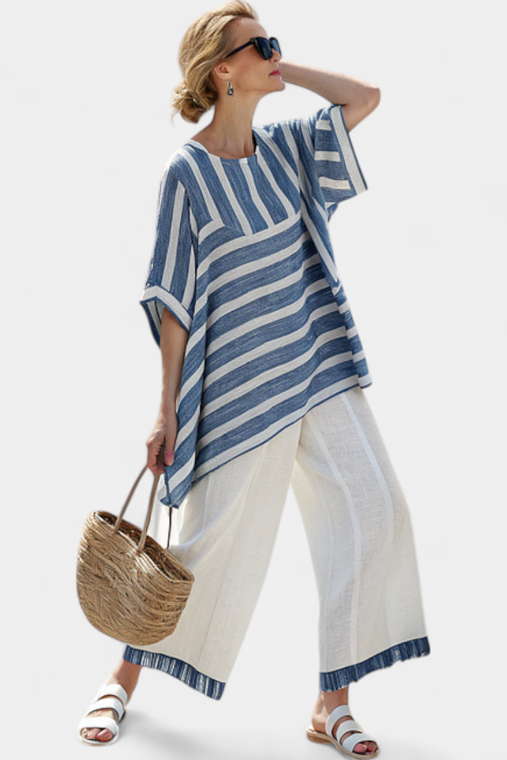 Elegant Mediterranean Linen Set with Blue Stripes and Hem-Finished Pants for a Fresh and Elegant Look