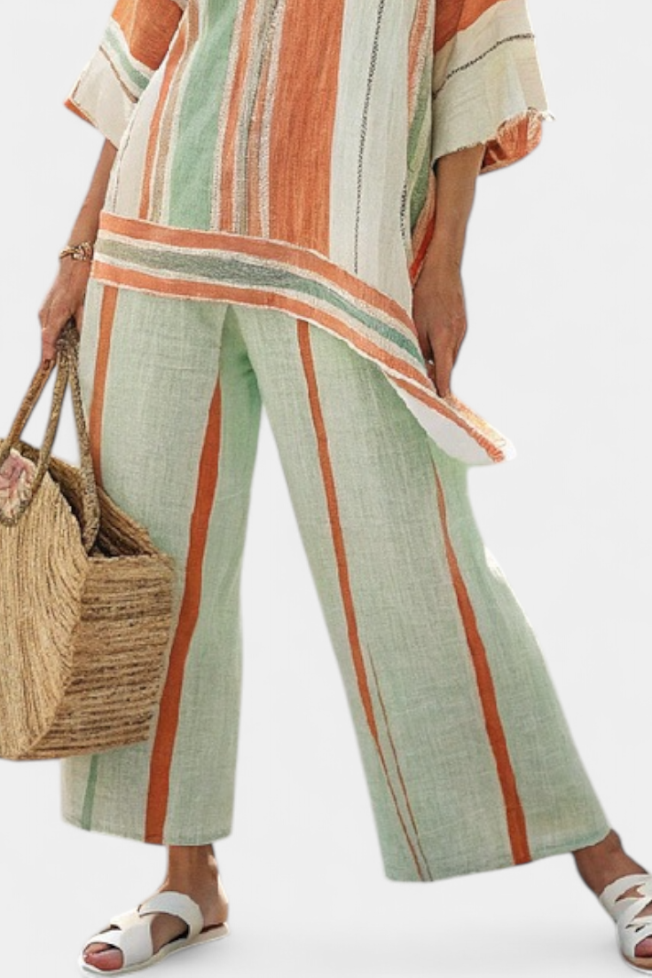 Elegant Bamboo Linen Striped Set with Asymmetrical Blouse and Wide Pants for a Refined Style
