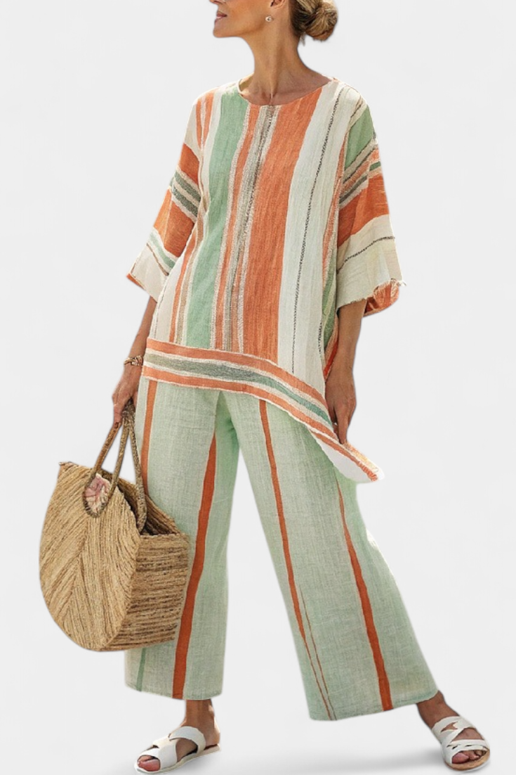 Elegant Bamboo Linen Striped Set with Asymmetrical Blouse and Wide Pants for a Refined Style