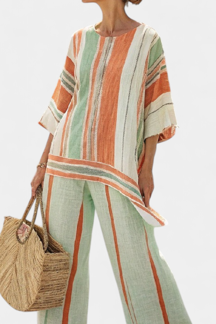 Elegant Bamboo Linen Striped Set with Asymmetrical Blouse and Wide Pants for a Refined Style