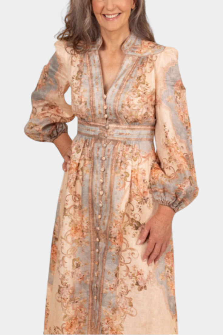 Dorotila Maxi Flared Dress with Floral Print, Buttons, and Balloon Sleeves