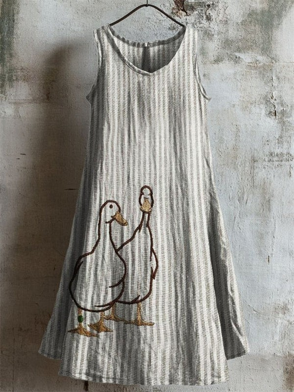 Charming Ducks Embroidered Striped Tank Dress