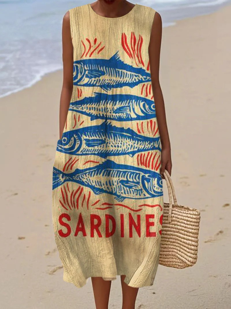 Women's Vintage Fish Art Print Sleeveless  Pocket Wrap Dress