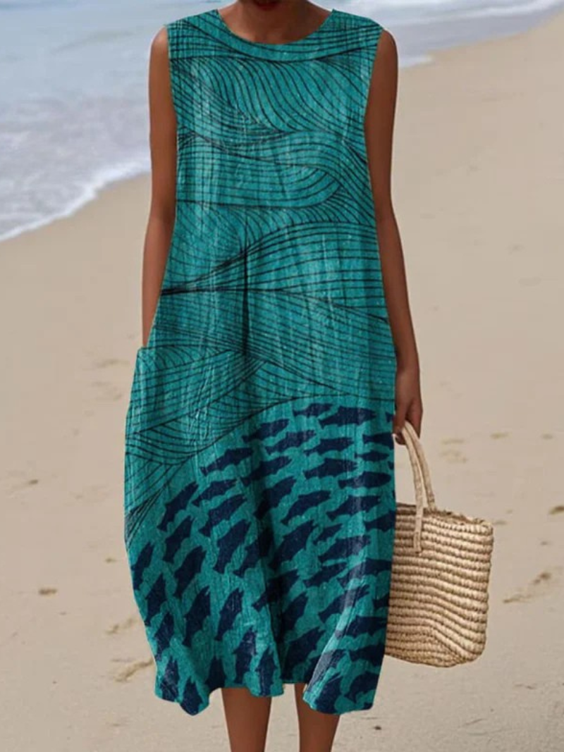 Women's Ocean and Fish Art Print Sleeveless  Pocket Wrap Dress