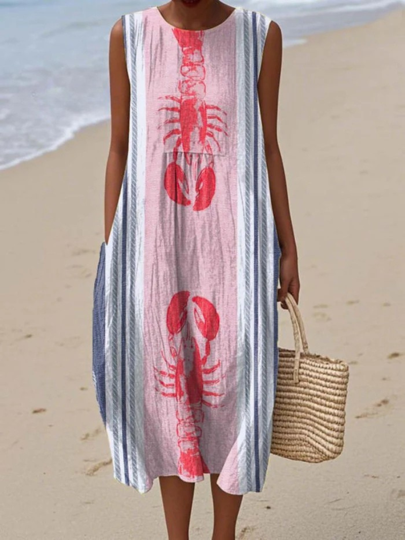 Women's Lovely Lobster Art Print Sleeveless  Pocket Wrap Dress