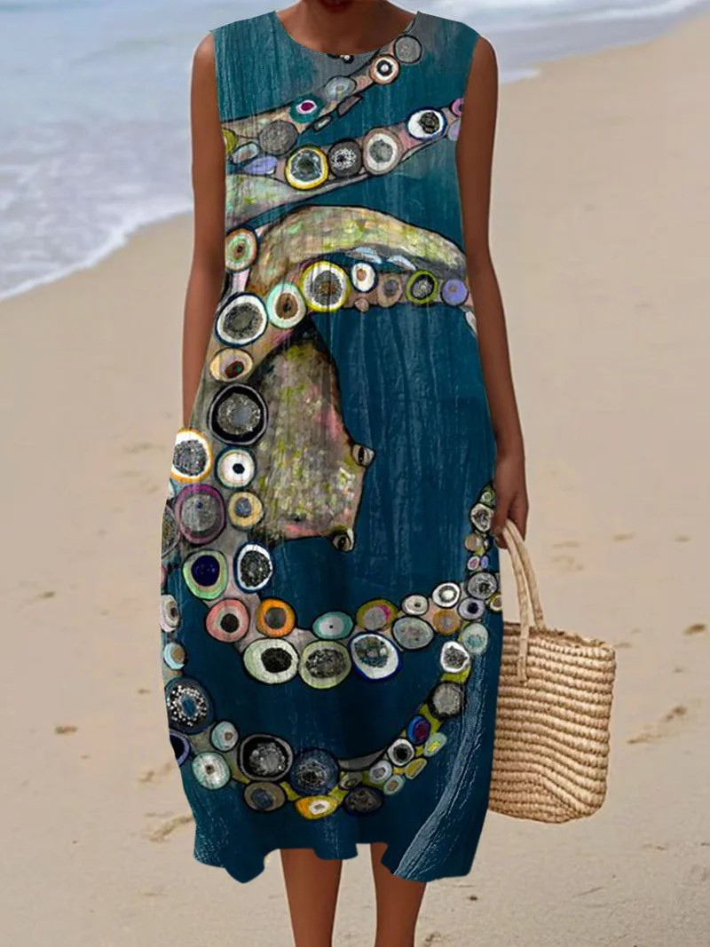 Women's Vintage Octopus Art Print Sleeveless  Pocket Wrap Dress