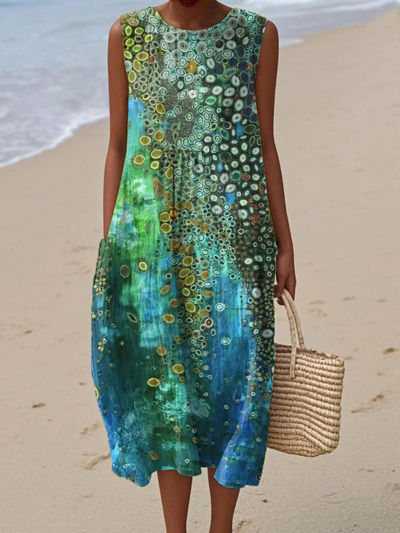 Women's Abstract Pattern Art Print Sleeveless Pocket Wrap Dress