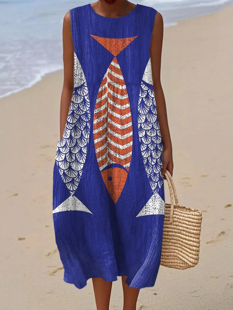 Women's Vintage Fish Art Print Sleeveless Pocket Wrap Dress