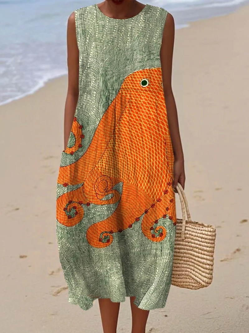Women's Vintage Octopus Art Print Sleeveless  Pocket Wrap Dress