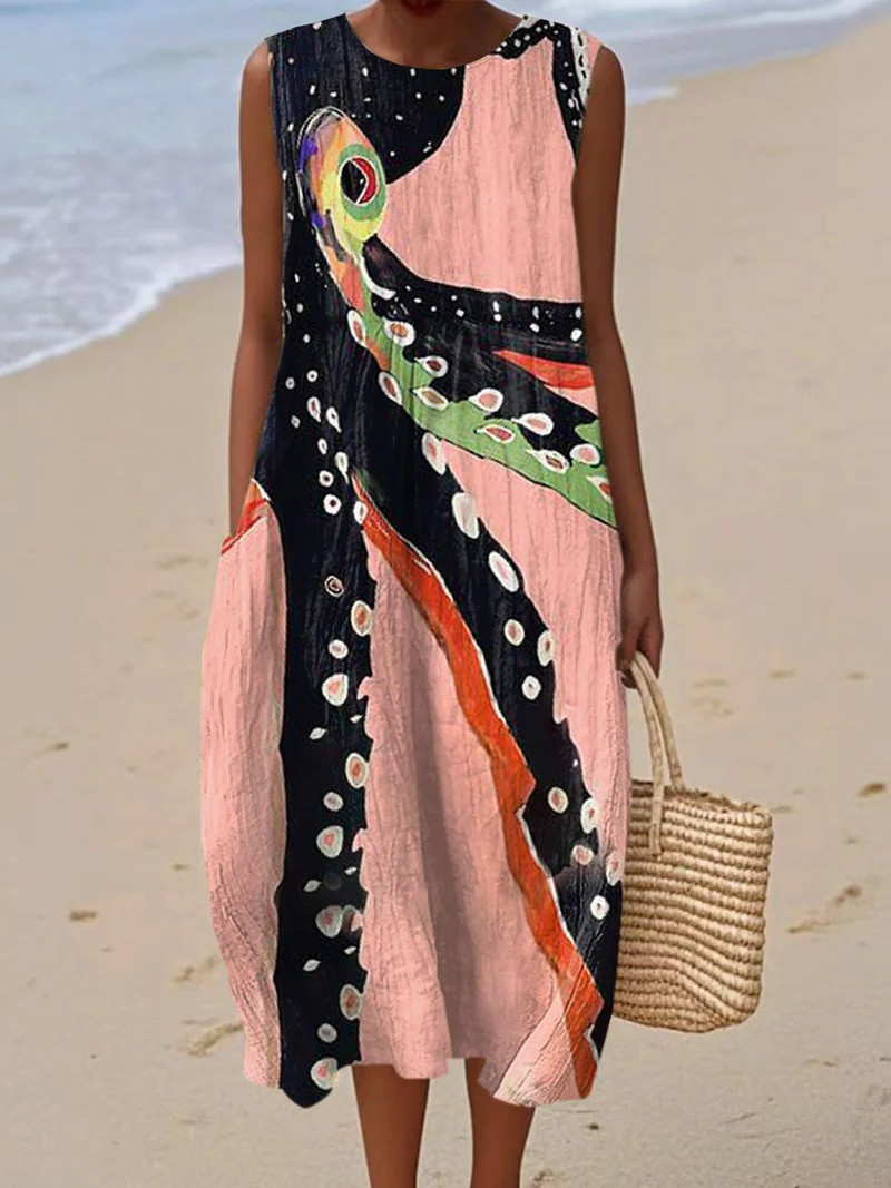 Women's Vintage Octopus Art Print Sleeveless  Pocket Wrap Dress