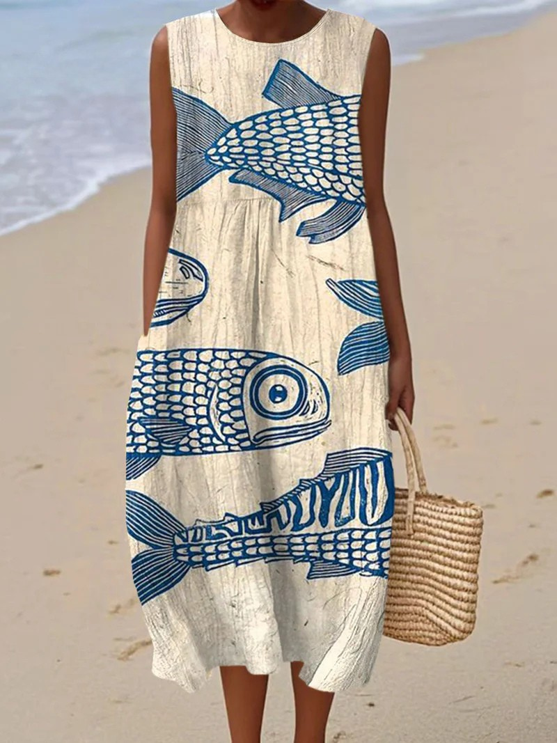 Women's Vintage Fish Art Print Sleeveless Pocket Wrap Dress