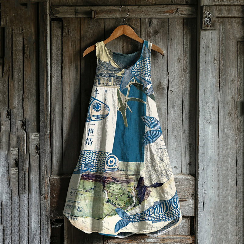 Vintage Japanese Fish Patchwork Art Linen Tank Dress