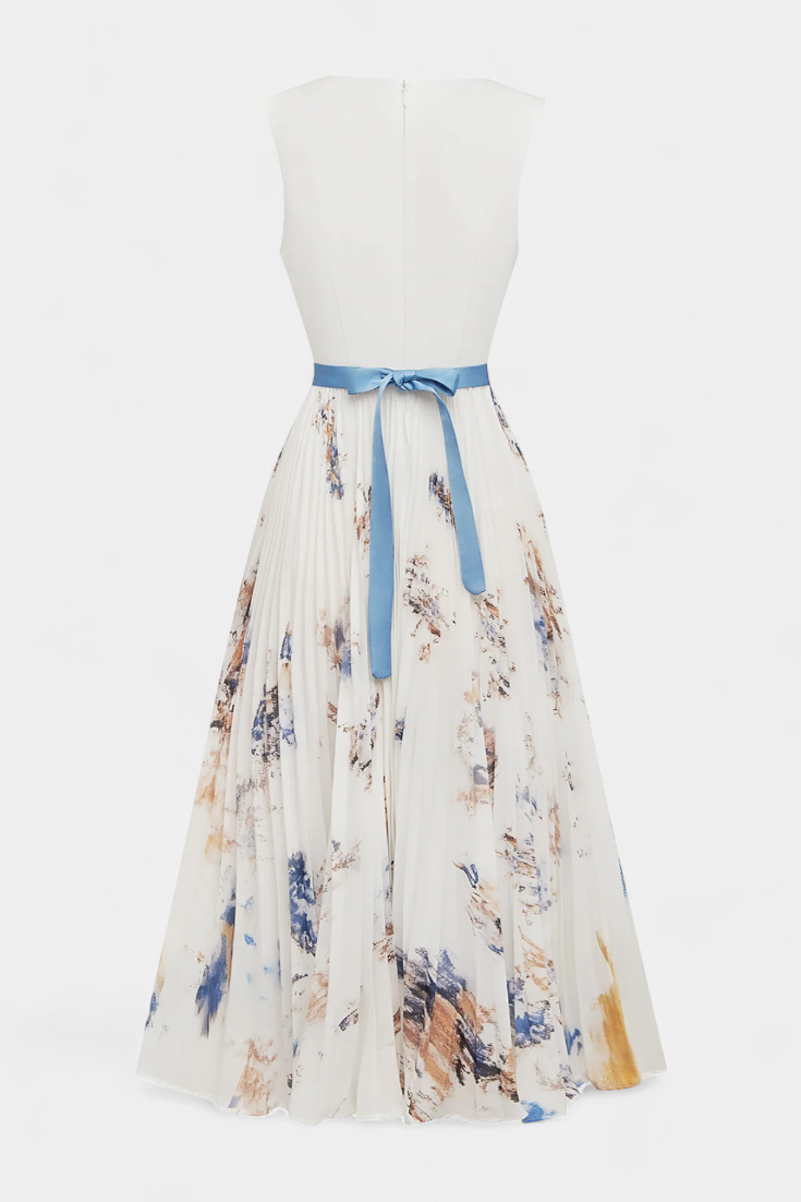 Elise Midi Dress Without Sleeves with Floral Print and Pleats