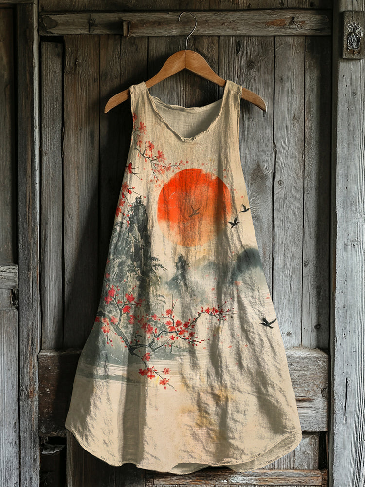 Vintage Art Of Japanese Landscape With Birds And Cherry Blossom Art Linen Tank Dress
