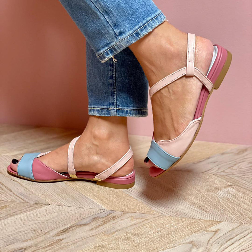 Roselina | Asymmetrical Pink Sandals in Colour Block Style