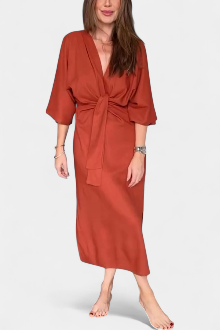 Ainhoa Casual Dress with Front Knot and V-Neck