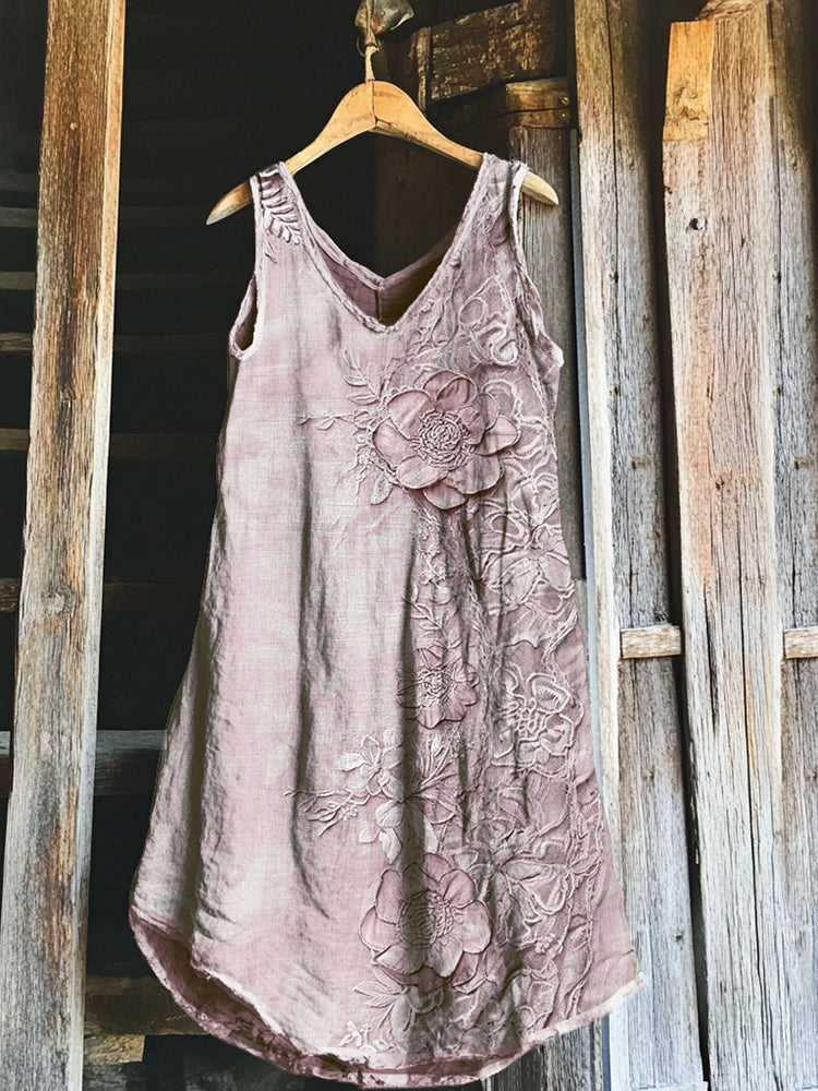 Vintage Flowers Art Pattern Linen Midi Dress