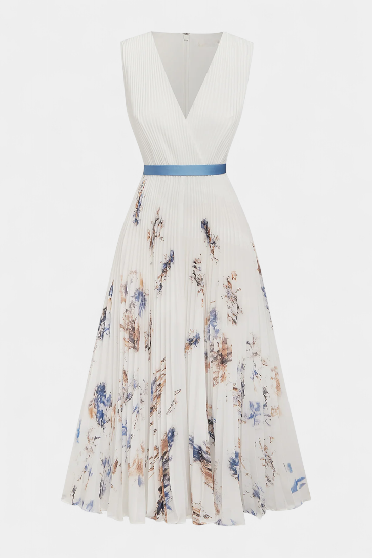Elise Midi Dress Without Sleeves with Floral Print and Pleats