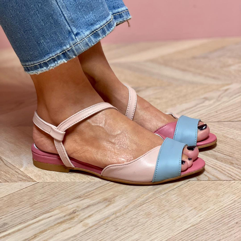 Roselina | Asymmetrical Pink Sandals in Colour Block Style