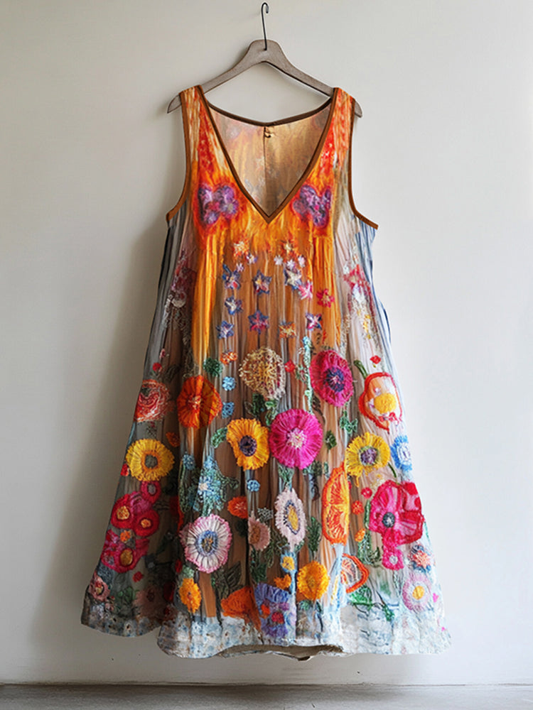 Women's Color Block Rainbow Floral Comfort Contrast Color Dress