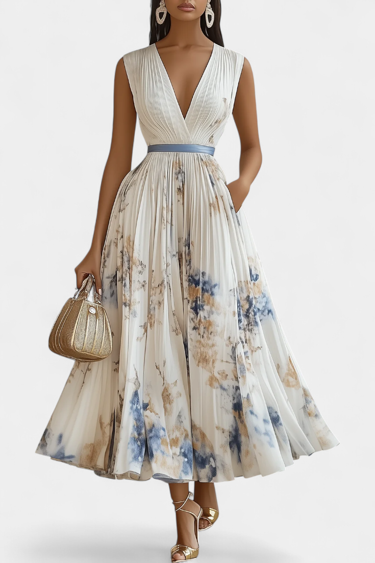 Elise Midi Dress Without Sleeves with Floral Print and Pleats