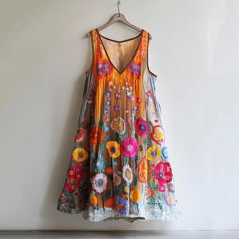 Women's Color Block Rainbow Floral Comfort Contrast Color Dress