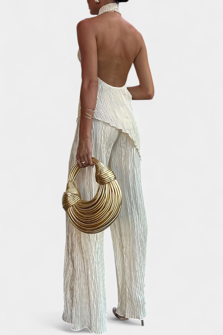 Pilarica Pleated Set with Asymmetrical Halter Top and Flowing Pants