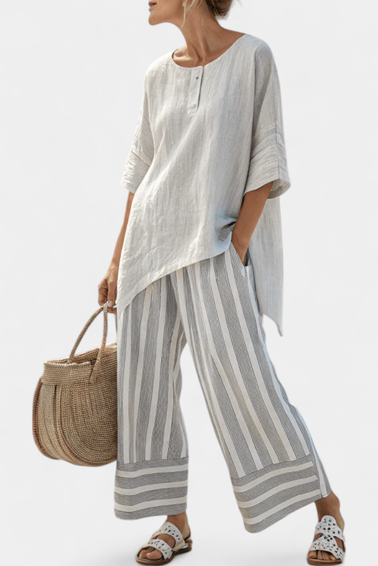 Daisy Complete Set of Asymmetrical Blouse and Striped Pants for a Modern and Elegant Style