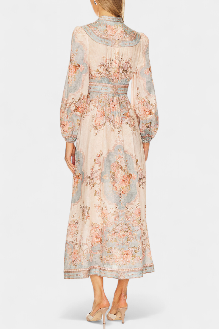 Dorotila Maxi Flared Dress with Floral Print, Buttons, and Balloon Sleeves